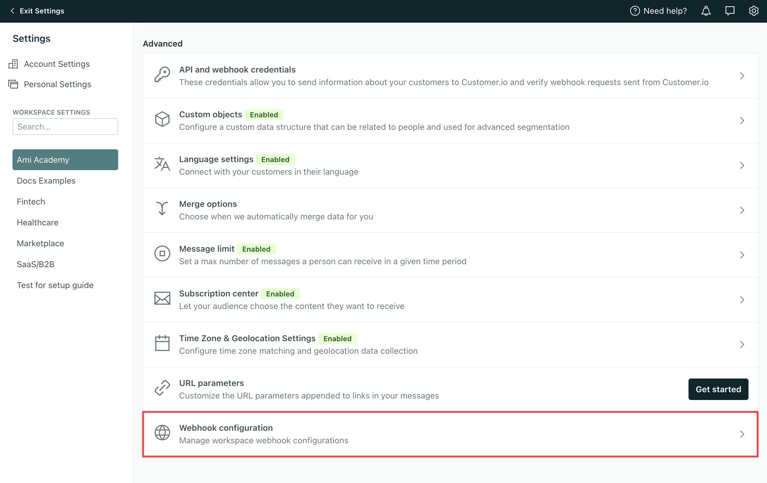 At the bottom of workspace settings is webhook configuration.