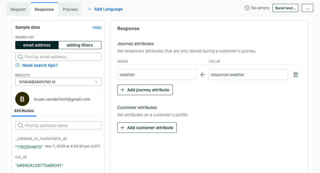 response tab with journey attribute called weather set to response.weather