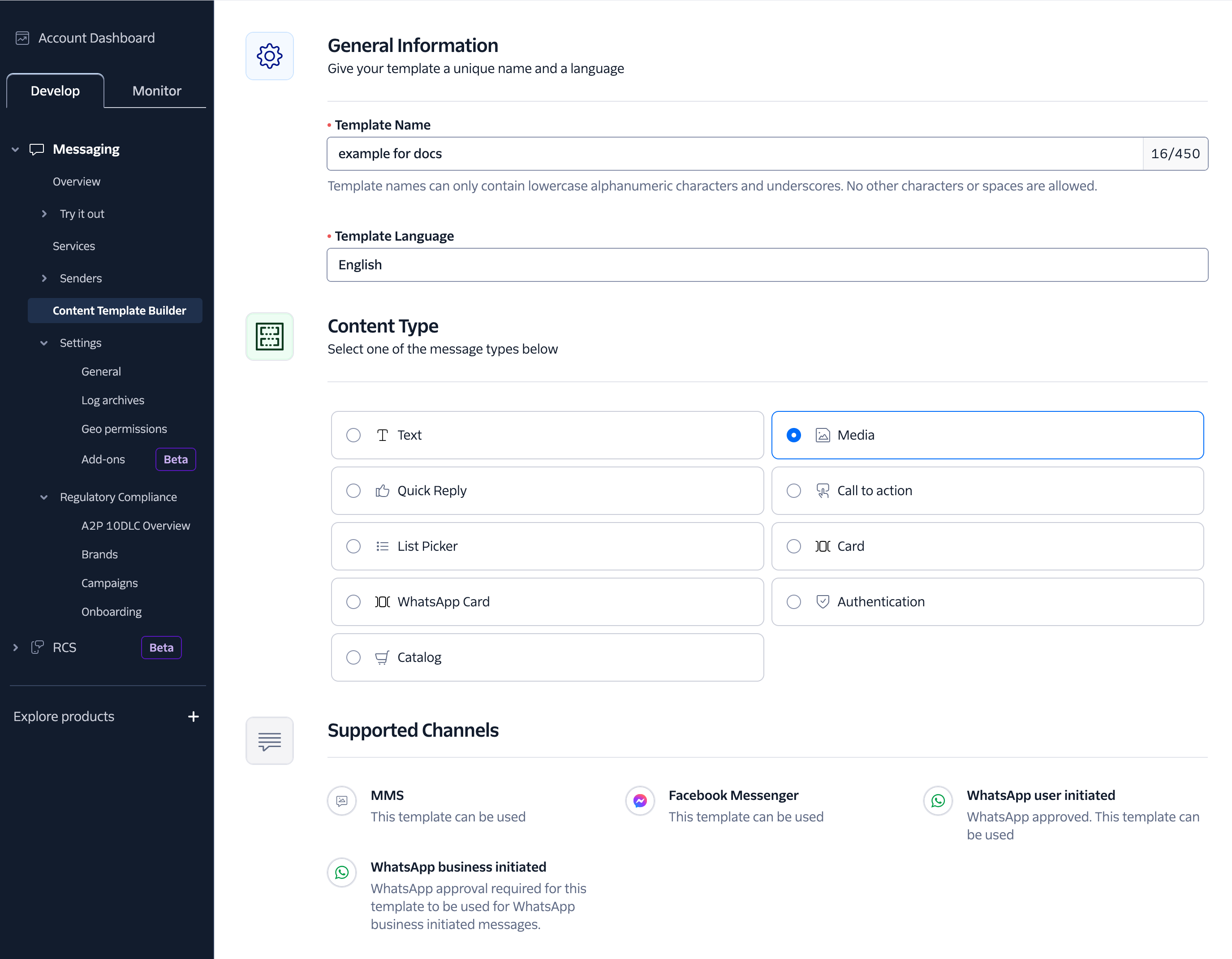 The content template builder with the media template selected.