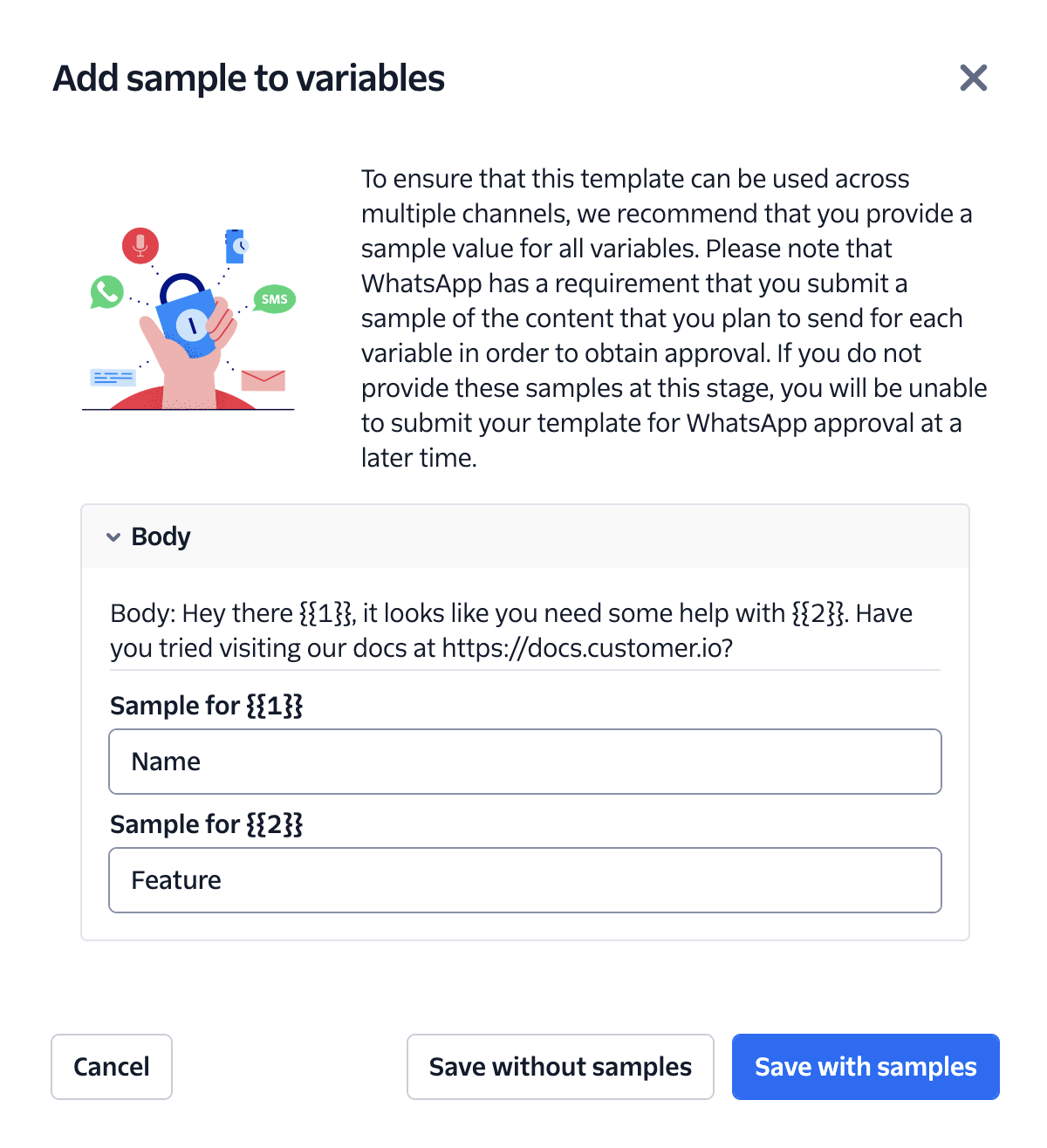 A variables modal with two variables set to name and feature.