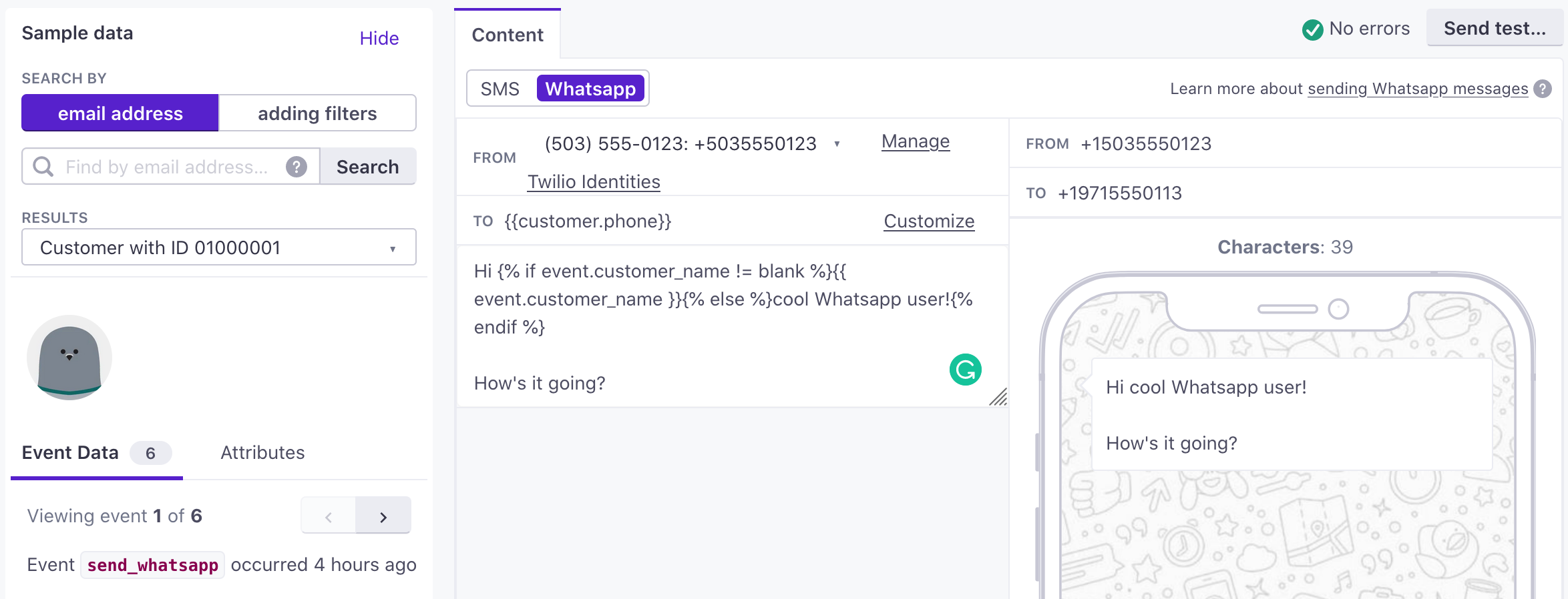 A WhatsApp template selected in Customer.io, with fields you can populate