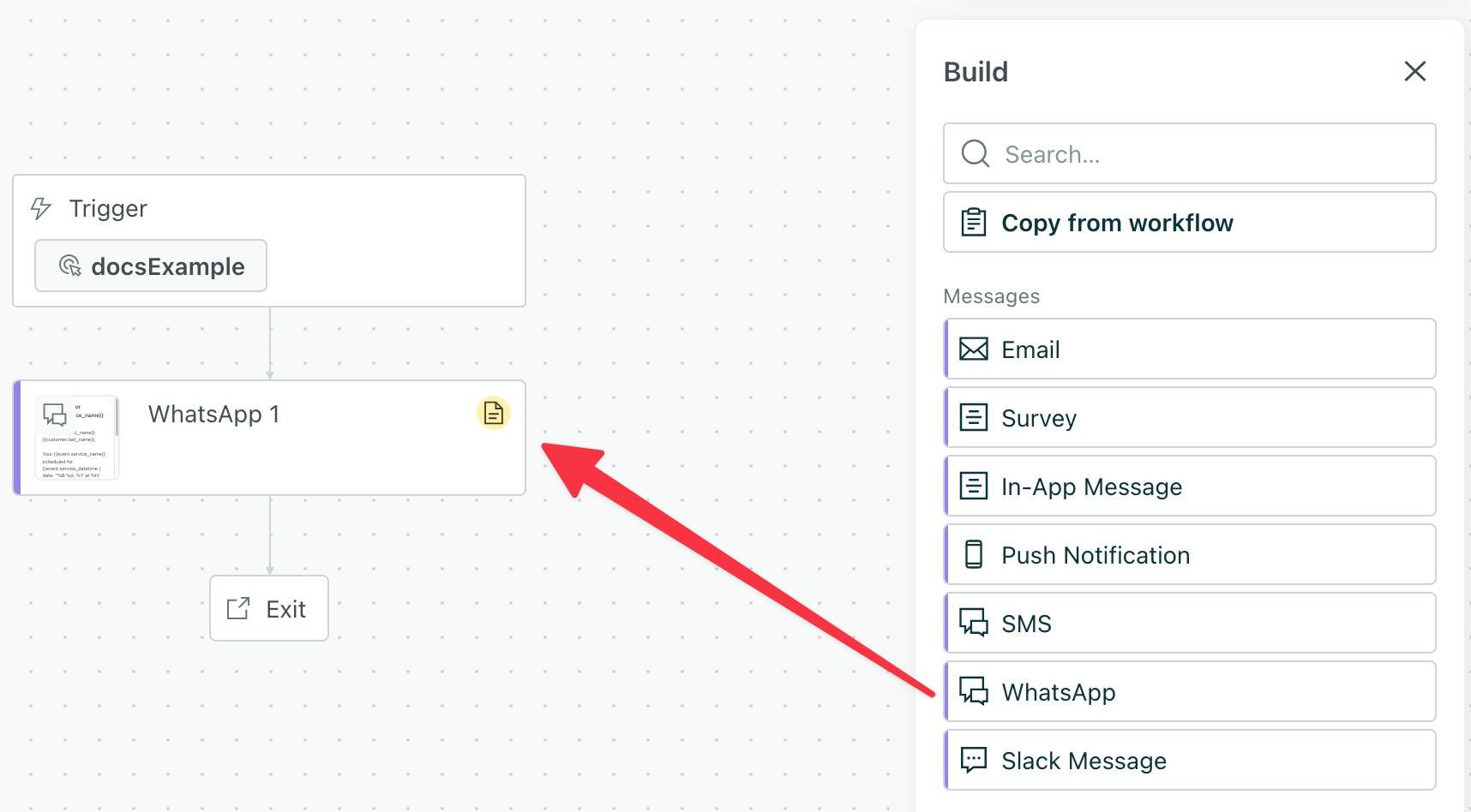 the customer.io workflow builder with a WhatsApp block highlighted