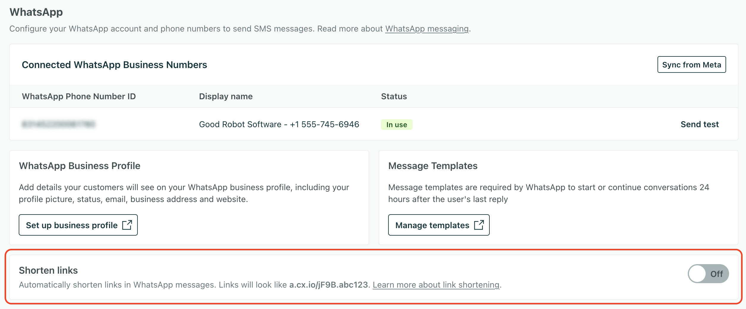 An image showing link shortening settings for WhatsApp