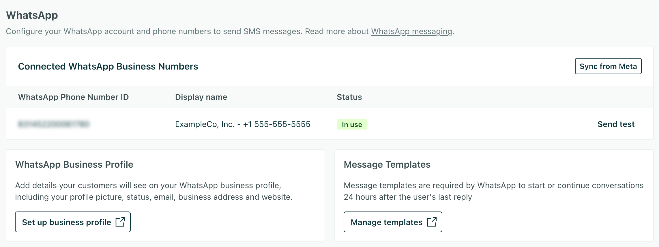 The WhatsApp setup page with a valid phone number showing after successful setup