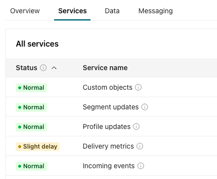 Workspace Performance dashboard Services tab shows the status of individual services like custom objects and segment updates. Most read Normal. One says Slight delay.