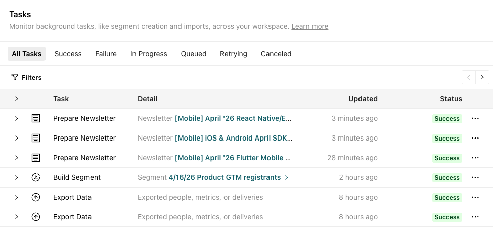 Workspace Performance dashboard Tasks section shows status of normal for a series of background tasks.